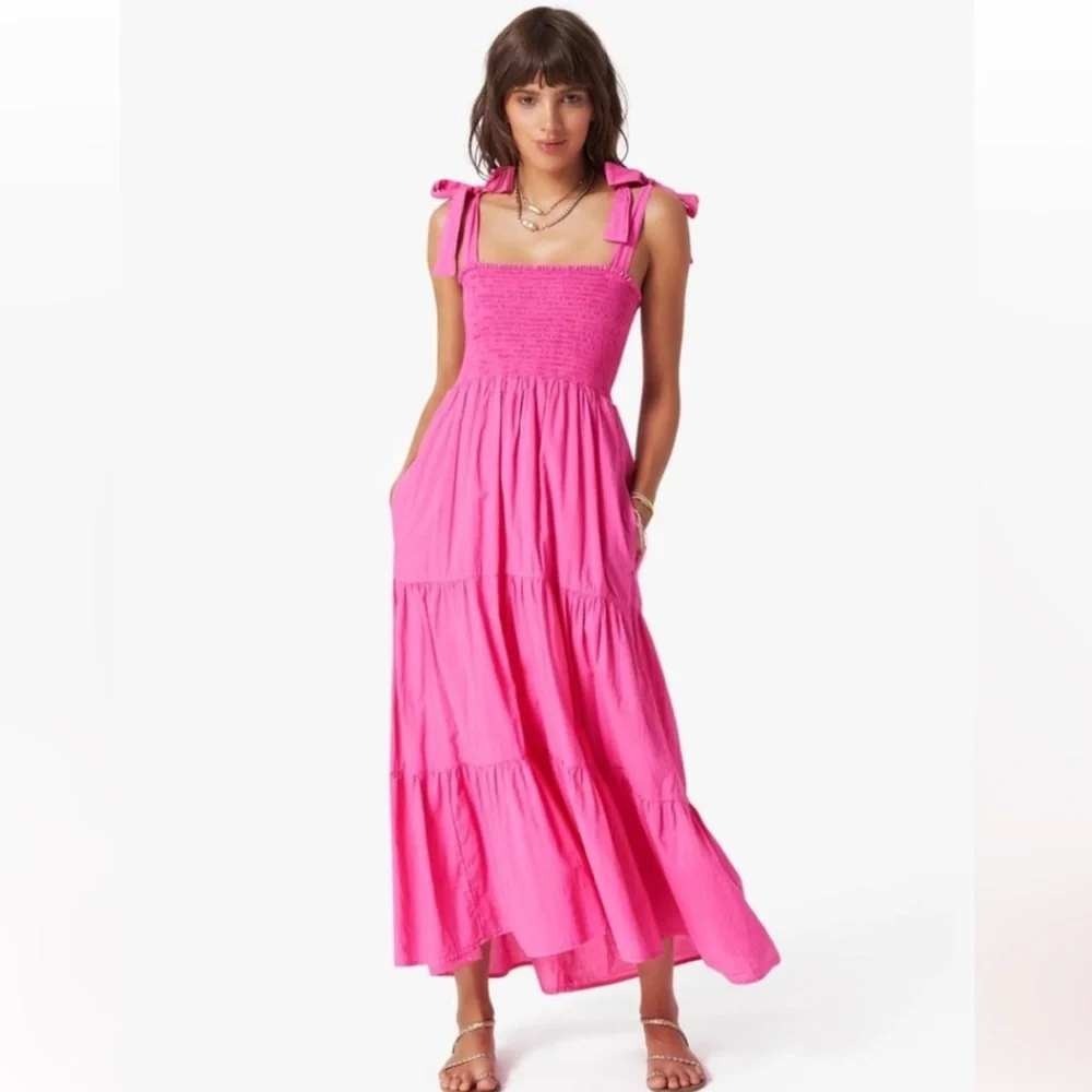 XIRENA Lorraine Cotton Smocked Tie‎ Shoulder Tiered Maxi Dress Pink Small EUC